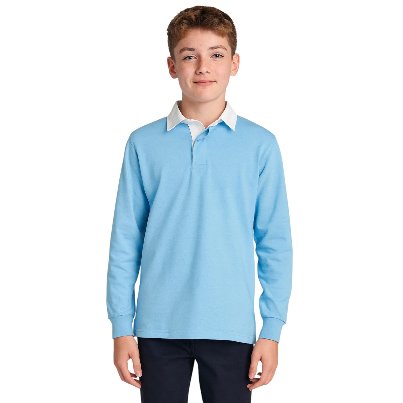 Classic rugby-style polo top for kids, long sleeves perfect for teams and schools in light blue